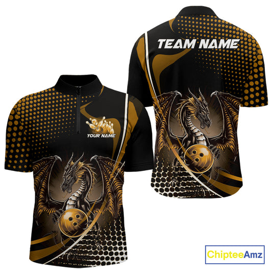 Custom Yellow Dragon Bowling Jerseys, Mystical Bowling Team Uniform Quarter-Zip Shirts For Men IPHW9535