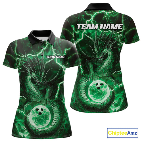 Custom Green Thunder Lightning Dragon Bowling Polo Shirts For Women, Team Uniform IPHW9759