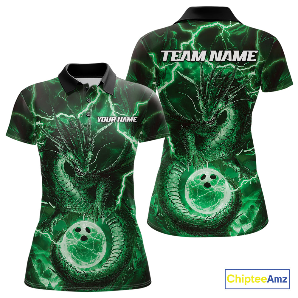 Custom Green Thunder Lightning Dragon Bowling Polo Shirts For Women, Team Uniform IPHW9759