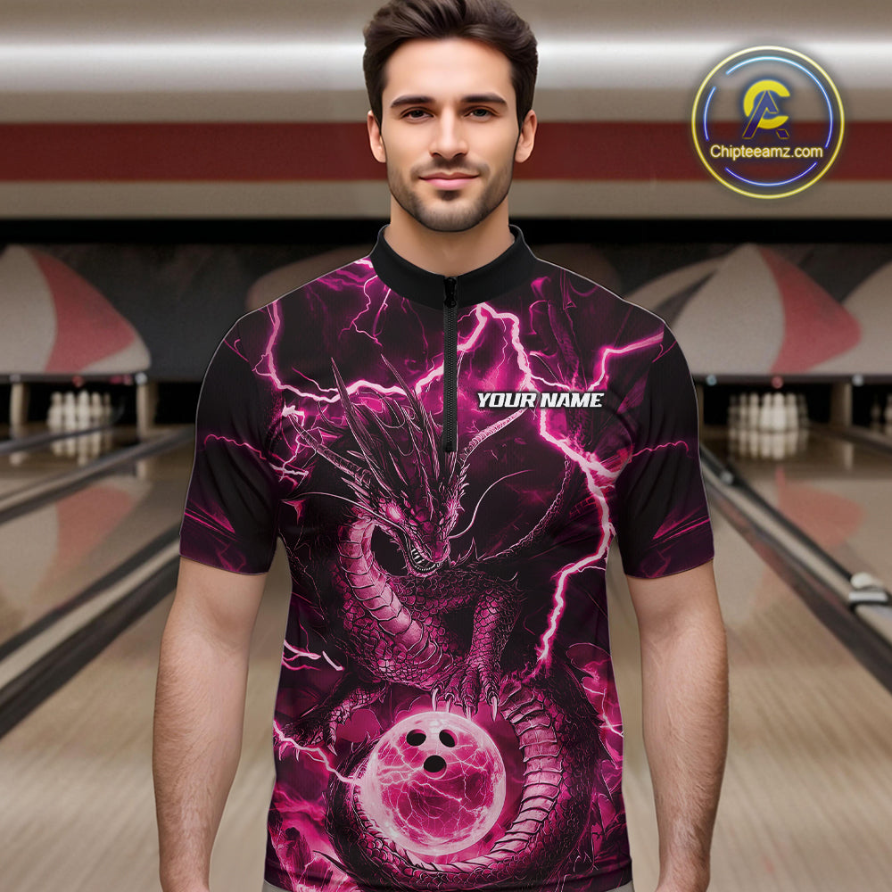 Custom Pink Thunder Lightning Dragon Bowling Quarter-Zip Shirts For Men, Team Uniform IPHW9760