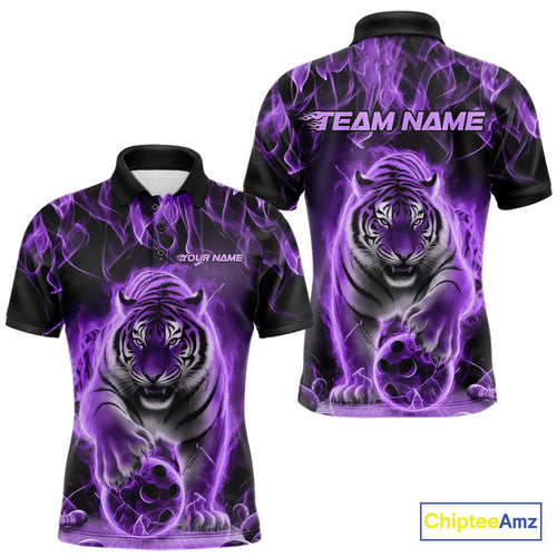Custom Purple Flame Tiger Bowling Polo Shirts For Men, Tiger Bowling Team Shirt IPHW9761