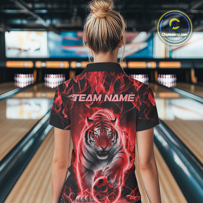 Custom Red Flame Tiger Bowling Quarter-Zip Shirts For Women, Tiger Bowling Team Shirt IPHW9762