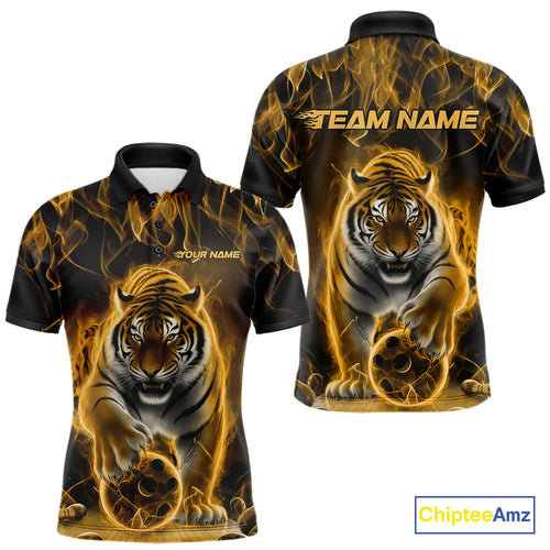 Custom Yellow Flame Tiger Bowling Polo Shirts For Men, Tiger Bowling Team Shirt IPHW9763
