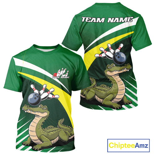 Custom Funny Green Alligator Bowling T-Shirts For Men, Bowling League For Team IPHW9926