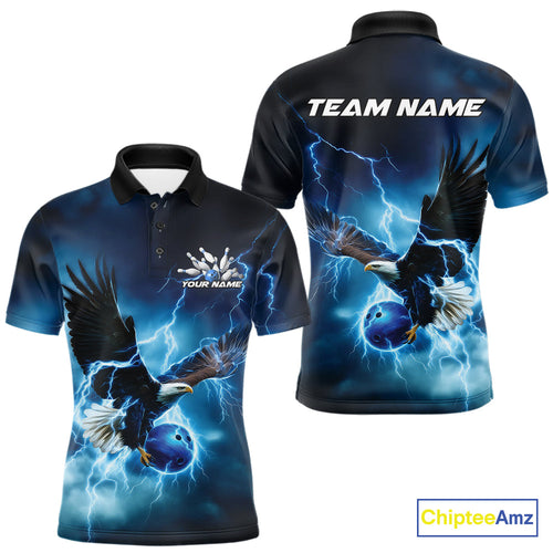 Custom Blue Thunder Lightning Eagle Bowling Men Polo Shirts, Eagle Bowling Team Jerseys IPHW10146