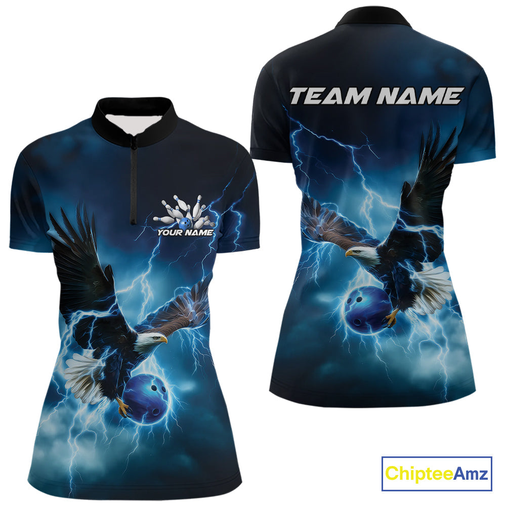 Custom Blue Thunder Lightning Eagle Women Bowling Shirts, Eagle Bowling Team Jerseys IPHW10146