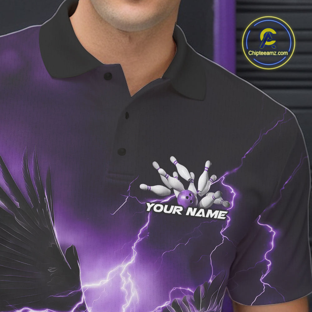 Custom Purple Thunder Lightning Eagle Bowling Men Polo Shirts, Eagle Bowling Team Jerseys IPHW10148