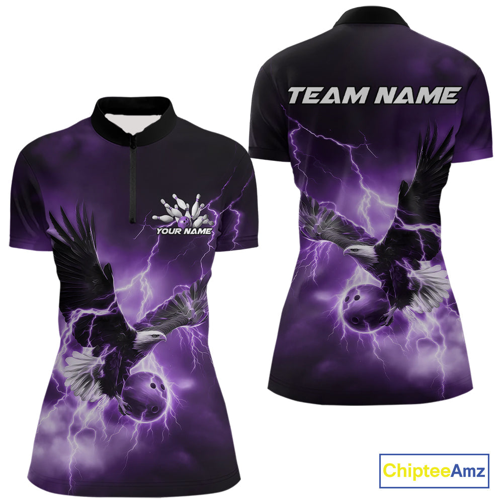 Custom Purple Thunder Lightning Eagle Women Bowling Shirts, Eagle Bowling Team Jerseys IPHW10148