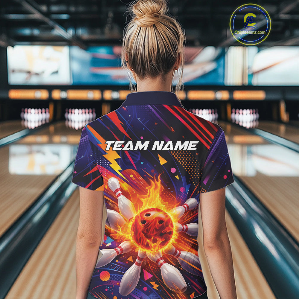 Custom Colorful Fire Flame Bowling Team Women Polo Shirt, Bowling League Shirt IPHW10297