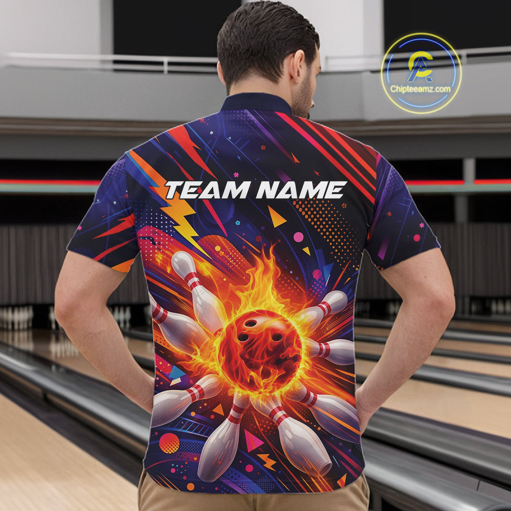 Custom Colorful Fire Flame Bowling Team Men Quarter-Zip Shirt, Bowling League Shirt IPHW10297