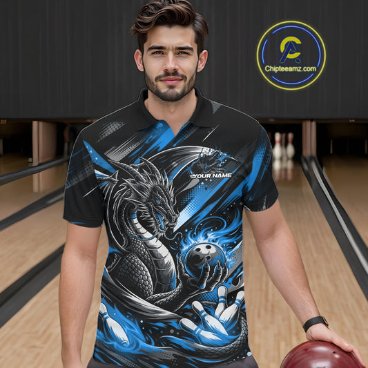 Personalized Black And Blue Dragon Bowling Team Jerseys, Dragon Bowling Polo Shirt IPHW10300