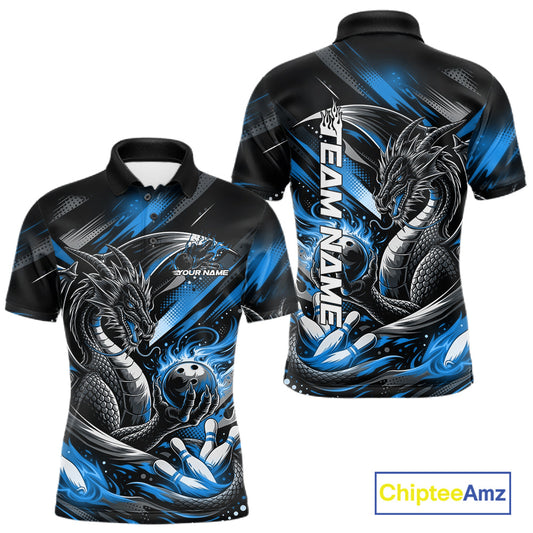 Personalized Black And Blue Dragon Bowling Team Jerseys, Dragon Bowling Polo Shirt IPHW10300