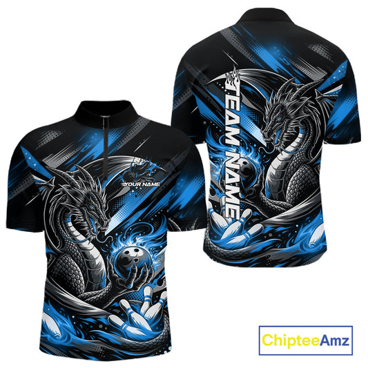Personalized Black And Blue Dragon Bowling Team Jerseys, Dragon Bowling Quarter-Zip Shirt IPHW10300