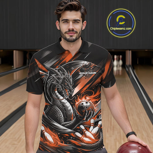 Personalized Black And Orange Dragon Bowling Team Jerseys, Dragon Bowling Polo Shirt IPHW10301