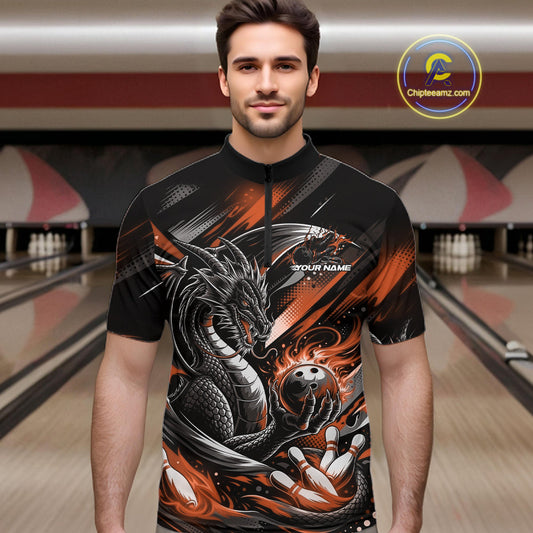 Personalized Black And Orange Dragon Bowling Team Jerseys, Dragon Bowling Quarter-Zip Shirt IPHW10301