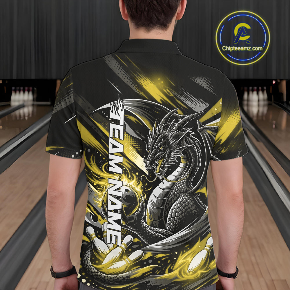Personalized Black And Yellow Dragon Bowling Team Jerseys, Dragon Bowling Polo Shirt IPHW10302