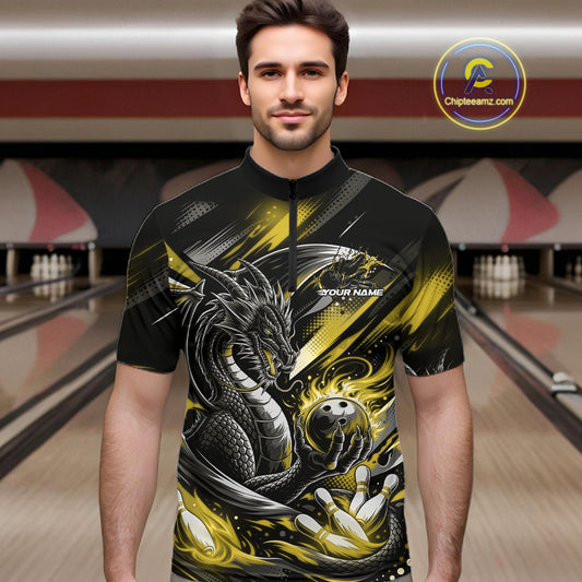 Personalized Black And Yellow Dragon Bowling Team Jerseys, Dragon Bowling Quarter-Zip Shirt IPHW10302
