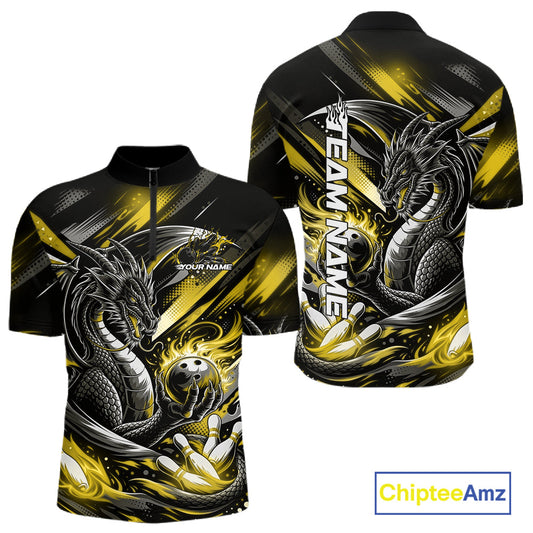 Personalized Black And Yellow Dragon Bowling Team Jerseys, Dragon Bowling Quarter-Zip Shirt IPHW10302