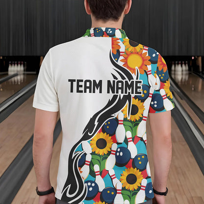 Custom Sunflower Bowling Pattern Polo Shirts For Men, Sunflower Bowling Team Shirts IPHW8439