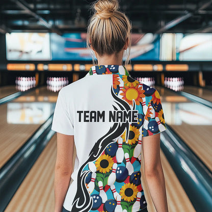 Custom Sunflower Bowling Pattern Polo Shirts For Women, Sunflower Bowling Team Shirts IPHW8439