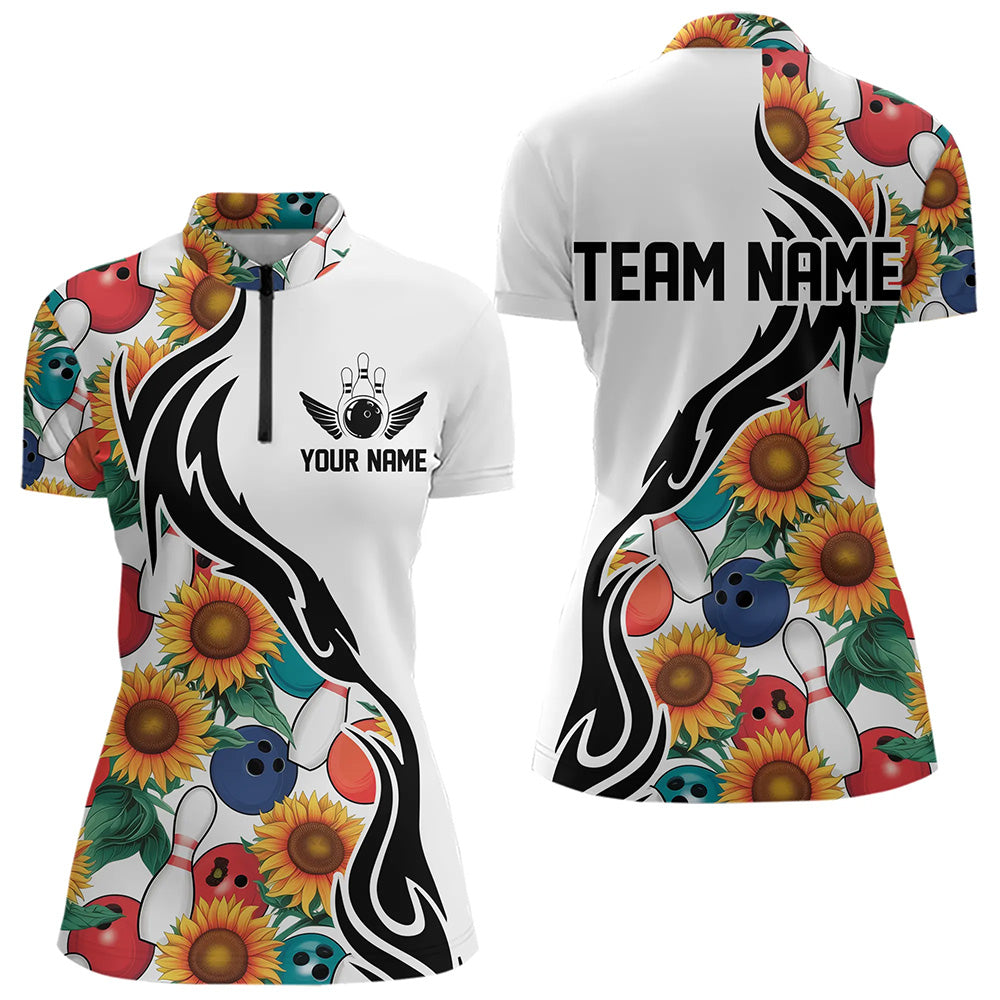 Custom Sunflower Bowling Pattern Quarter-Zip Shirt For Women, Sunflower Bowling Team Shirt IPHW8440