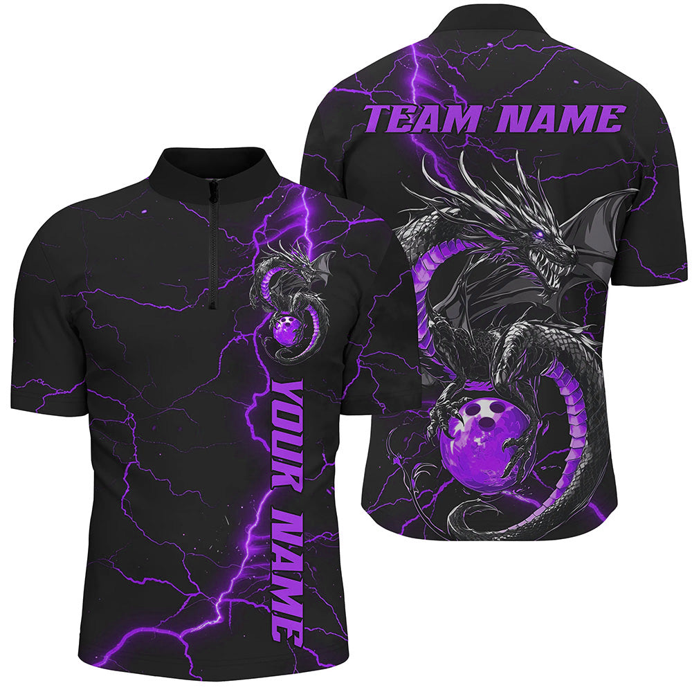 Black And Purple Custom Dragon Bowling Quarter-Zip Shirts For Men, Dragon Bowling League Shirts IPHW8687
