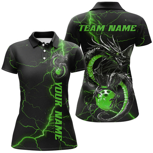 Black And Green Custom Dragon Bowling Polo Shirts For Women, Dragon Bowling League Shirts IPHW8689