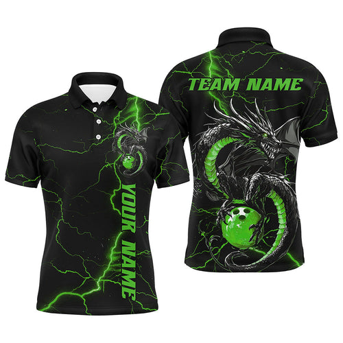 Black And Green Custom Dragon Bowling Polo Shirts For Men, Dragon Bowling League Shirts IPHW8689