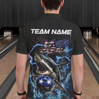 Custom Blue Lightning Patriotic Shark Bowling Team Men Polo Shirts, US Flag Bowling Shirt IPHW8942