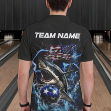 Load image into Gallery viewer, Custom Blue Lightning Patriotic Shark Bowling Team Men Polo Shirts, US Flag Bowling Shirt IPHW8942