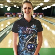 Load image into Gallery viewer, Custom Blue Lightning Patriotic Shark Bowling Team Women Polo Shirts, US Flag Bowling Shirt IPHW8942