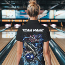 Load image into Gallery viewer, Custom Blue Lightning Patriotic Shark Bowling Team Women Polo Shirts, US Flag Bowling Shirt IPHW8942