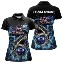 Load image into Gallery viewer, Custom Blue Lightning Patriotic Shark Bowling Team Women Polo Shirts, US Flag Bowling Shirt IPHW8942