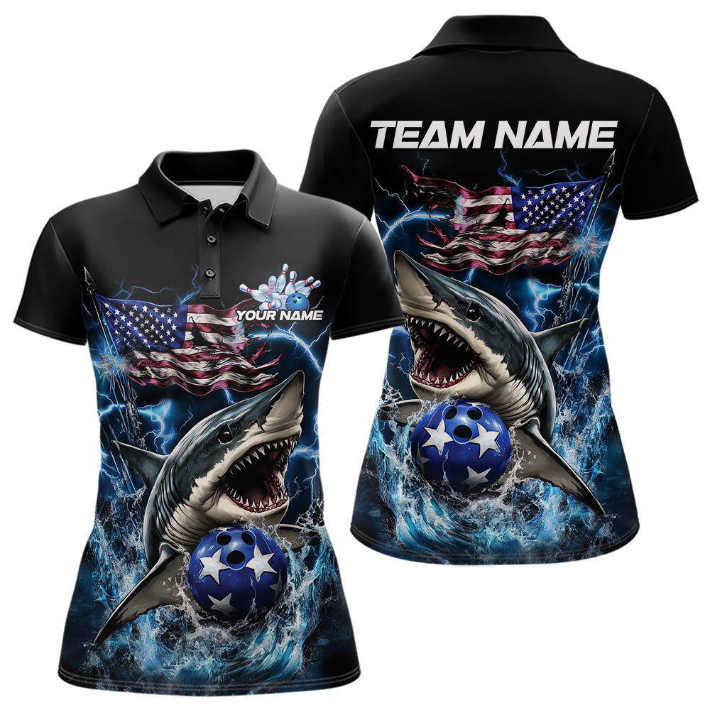 Custom Blue Lightning Patriotic Shark Bowling Team Women Polo Shirts, US Flag Bowling Shirt IPHW8942