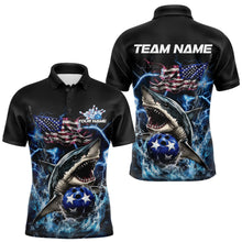 Load image into Gallery viewer, Custom Blue Lightning Patriotic Shark Bowling Team Men Polo Shirts, US Flag Bowling Shirt IPHW8942