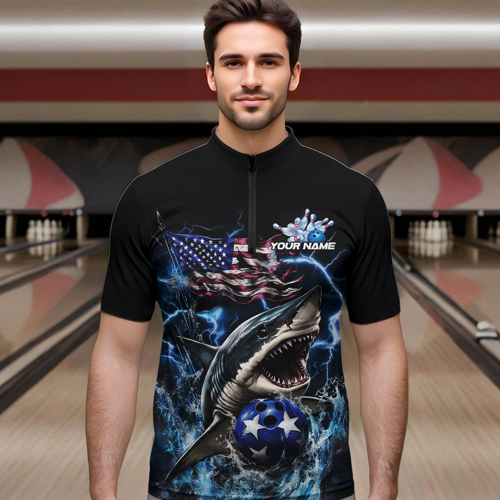 Custom Blue Lightning Patriotic Shark Bowling Team Men Quarter-Zip Shirts, US Flag Bowling Shirt IPHW8942