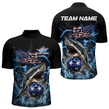 Load image into Gallery viewer, Custom Blue Lightning Patriotic Shark Bowling Team Men Quarter-Zip Shirts, US Flag Bowling Shirt IPHW8942
