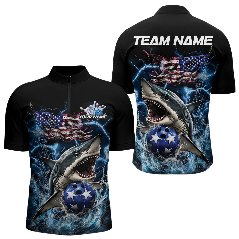 Custom Blue Lightning Patriotic Shark Bowling Team Men Quarter-Zip Shirts, US Flag Bowling Shirt IPHW8942