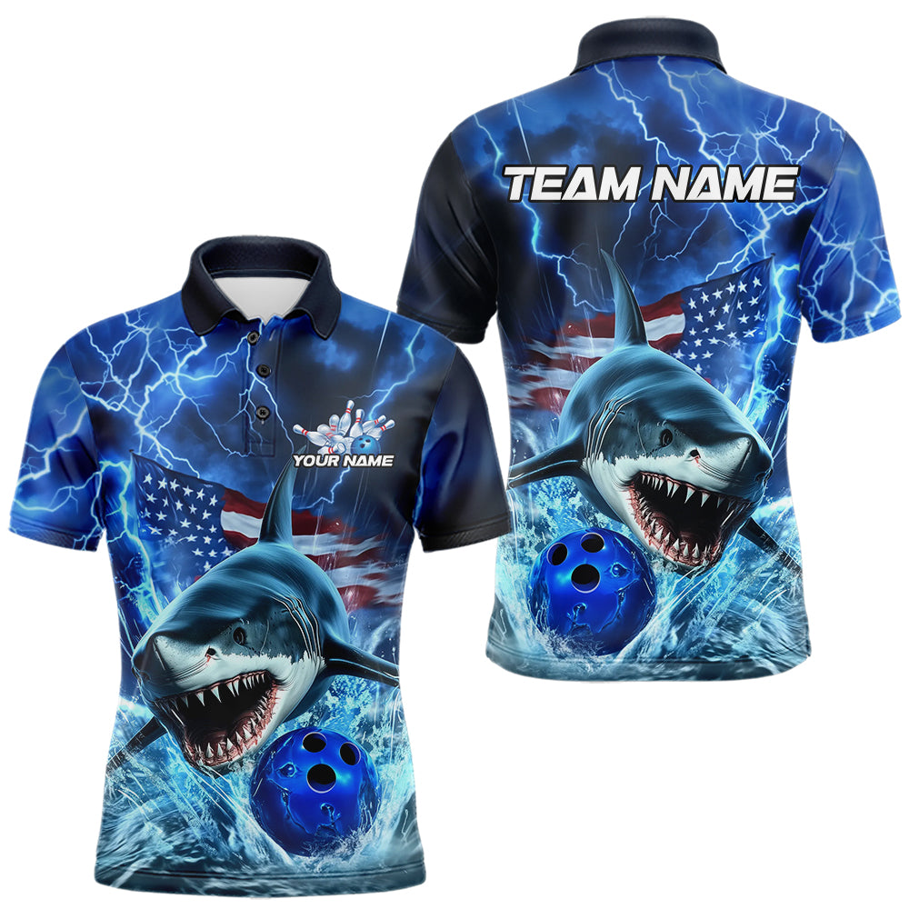 Custom Blue Lightning Patriotic Shark Bowling Team Men Polo Shirts, US Flag Bowling Shirt IPHW8943