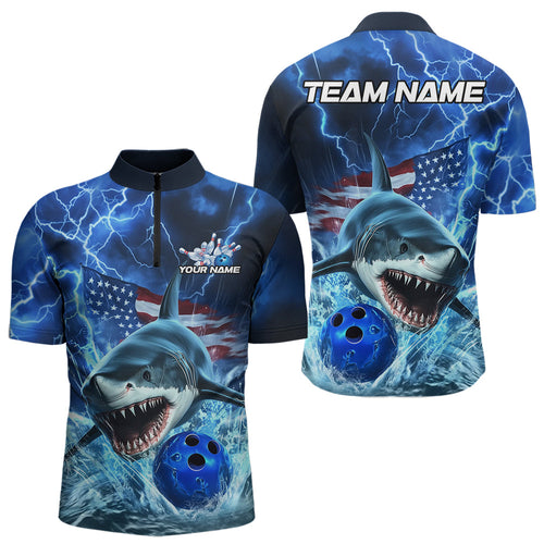 Custom Blue Lightning Patriotic Shark Bowling Team Men Quarter-Zip Shirts, US Flag Bowling Shirt IPHW8943