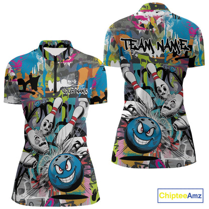 Custom Funny Graffity Bowling Quarter-Zip Shirts For Women, Bowling Team Shirt IPHW9381