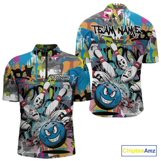 Custom Funny Graffity Bowling Quarter-Zip Shirts For Men, Bowling Team Shirt IPHW9381