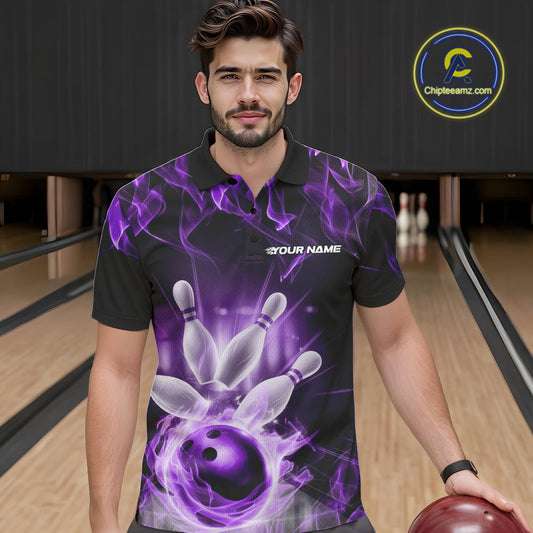 Custom Black And Purple Flame Bowling Team Polo Shirts For Men, Fire Bowling League Shirt IPHW9387