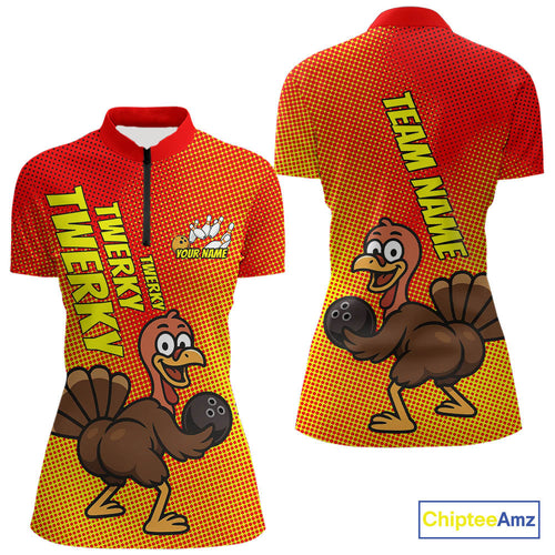Custom Funny Twerky Turkey Bowling Women Quarter-Zip Shirts, Thanksgiving Bowling Shirt IPHW9764