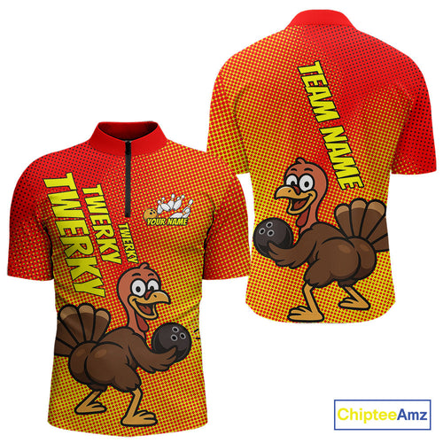 Custom Funny Twerky Turkey Bowling Quarter-Zip Shirts For Men, Thanksgiving Bowling Shirt IPHW9764