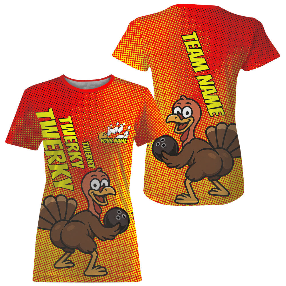 Custom Funny Twerky Turkey Bowling T-Shirts For Women, Thanksgiving Bowling IPHW9764