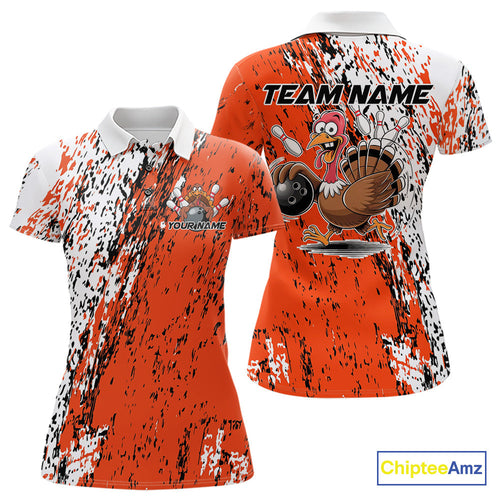 Custom Funny Orange Thanksgiving Turkey Bowling Women Polo Shirts, Turkey Bowling Jerseys IPHW9765