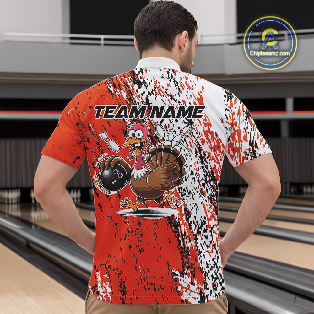 Custom Funny Orange Thanksgiving Turkey Bowling Men Quarter-Zip Shirts, Turkey Bowling Jerseys IPHW9765