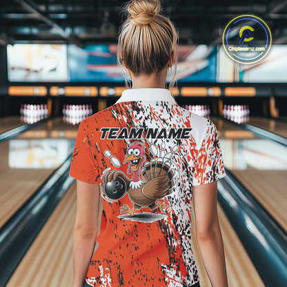 Custom Funny Orange Thanksgiving Turkey Bowling Women Quarter-Zip Shirts, Bowling Jersey IPHW9765