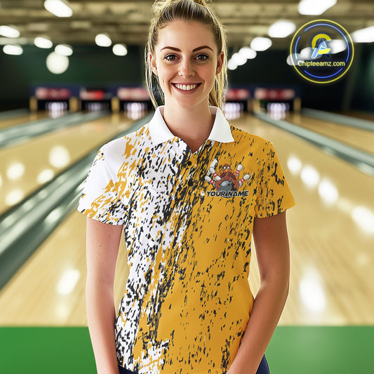 Custom Funny Yellow Thanksgiving Turkey Bowling Women Polo Shirts, Turkey Bowling Jerseys IPHW9766